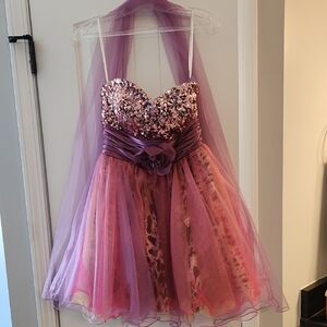 Womans Purple Sequin Party Dress with pink/purple/yellow/cheeta Prin Tulle Skirt